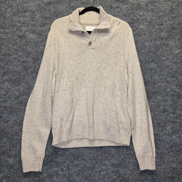 Lucky Brand Sweater Mens Medium Oatmeal Wool Blend Mock Neck Henley Donegal - Picture 1 of 10